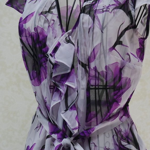 Worthington White Sheer Purple Floral Flutter Cap Sleeve Button Close Be… - Picture 8 of 13